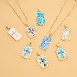 Hip Hop Cross Pendant 18K Gold Plated Copper Rectangular Synthetic Opal Cubic Zirconia Religious Fashion Jewelry For Women Men