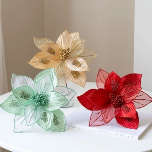 25cm sequined mesh artificial Christmas poinsettia flowers in champagne, green and red