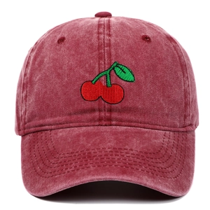 Vintage washed red cotton baseball cap featuring detailed cherry embroidery on front