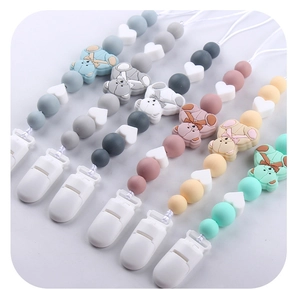 Silicone pacifier clips with bear shapes and macaron beads in five various colors