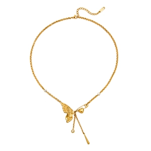 Detailed close-up of 18K gold heart safety pin necklace with butterfly and crystals