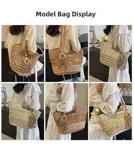Detail of woven straw tote bag featuring hollow mesh texture and bohemian tassel charms