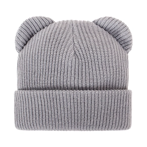 Gray knitted baby beanie with cute bear ears and ribbed texture for winter warmth