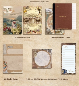 Flat lay of vintage stationery set with A6 notebook, art cards, envelopes, and sticky notes