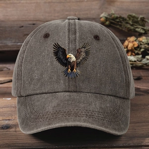 Vintage washed dark gray baseball cap with detailed eagle embroidery and adjustable strap