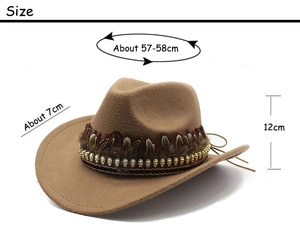 Detailed size measurement of Western wool cowboy hat showing crown height and brim width