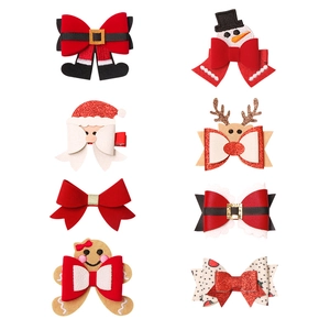 8-piece festive Christmas hair clip set featuring Santa, snowman, reindeer and red bows