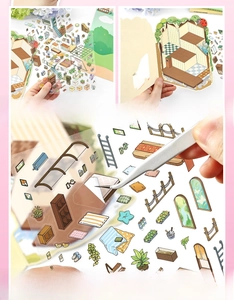 Macro view of PET die-cut stickers with white ink process and scenery background card