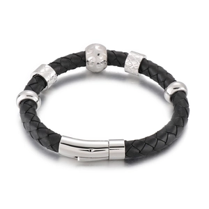 Bracelet tressé en cuir noir 10mm avec fermoir en acier titane et perles polies