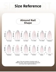 Size chart for 3D silver moon and star press-on nails in French short almond shape