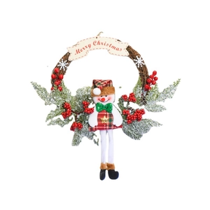 Christmas snowman vine wreath with red berries and Merry Christmas banner for door decor