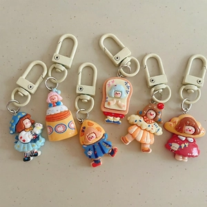 Set of 6 cute cartoon girl resin keychains with colorful creative food shapes and hooks