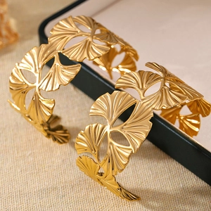 Elegant 18K gold-plated stainless steel ginkgo leaf open bracelets with hollow design
