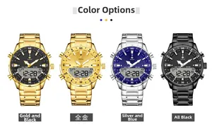 Detail view of four luxury dual-display quartz sports watches with metal mesh bands