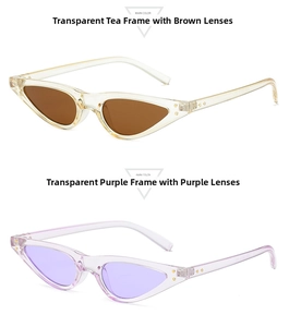 Detail view of cat eye sunglasses in transparent tea and purple frames with resin lenses