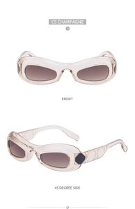 Detailed views of champagne oval Y2K sunglasses with transparent resin frames and side texture