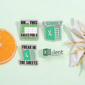 Creative green Excel spreadsheet enamel pins set for office workers and programmers