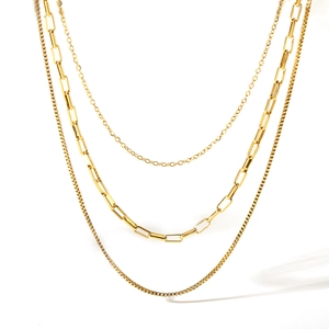 Three-layer 18K gold plated stainless steel necklace with paperclip and snake chains