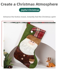 Detailed close-up of a 3D Santa Claus Christmas stocking with red plaid hat and buttons