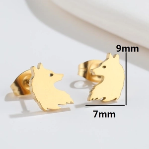 Gold wolf head stud earrings in punk style measuring 9mm by 7mm on white background