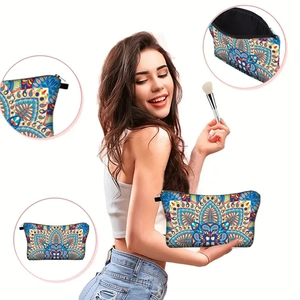 Mandala print makeup bag for travel with ethnic pattern and smooth polyester finish