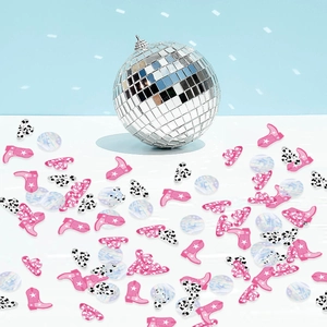 Disco party confetti with pink cowboy boots, glitter hats and shiny disco ball decor