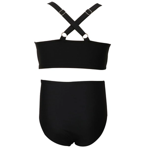 Two-piece black girls' bikini with adjustable cross-back straps and silver metal rings