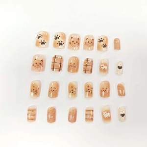 Cute cartoon cat paw press-on nails set with gradient nude 24pcs short square shape