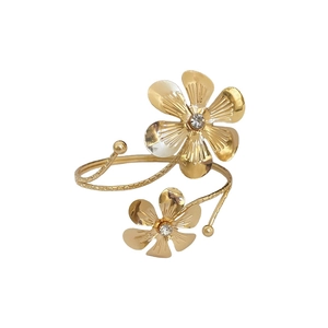 Golden multi-layer flower leaf open cuff bracelet with rhinestone floral detail