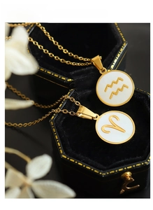 Macro shot of 12 Zodiac shell necklaces in a gift box with white dried flowers