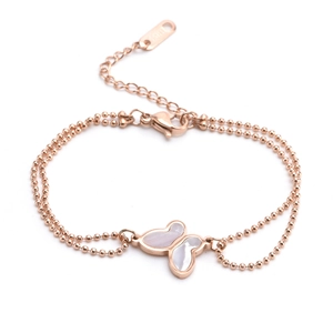 Double-layered rose gold titanium steel bracelet with butterfly charm and white shell beads