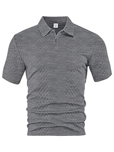 Close-up of gray men's short-sleeved Polo shirt with knitted geometric jacquard texture