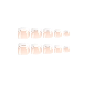 Short white French press-on toe nails with minimalist pink base and white line accents