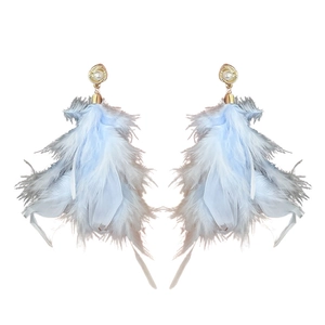 Elegant long light blue feather earrings with white pearl and gold metal stud base