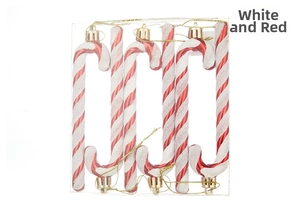 Detailed view of 6 red and white glitter candy cane ornaments in transparent box