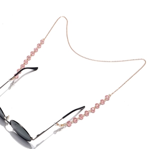 10mm flat crystal glasses chain with pink beads on a golden metal strap and sunglasses
