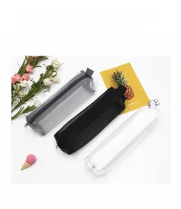Detailed view of three mesh pencil cases in black, white, and grey with side handles