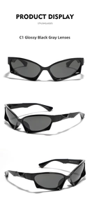 Detailed views of oversized Y2K sports sunglasses with geometric temples and CE marking