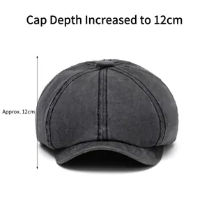 Deep-fit washed cotton newsboy cap in dark grey with 12cm depth for full coverage