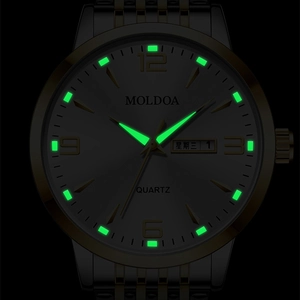 Men's business quartz watch with luminous hands and dual calendar display on black background