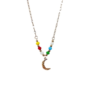 French vintage 18k gold plated titanium necklace with colorful beads and moon pendant