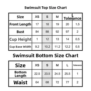 Detailed size chart for solid color lace-up bikini set with top and bottom measurements