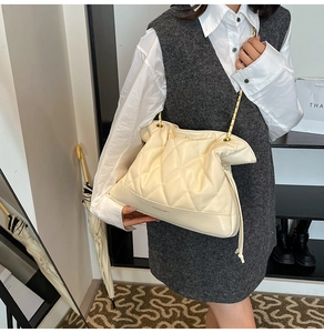 Close-up of beige quilted shoulder bag with chain strap and interior fashion branding