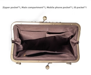 Interior view of vintage satchel with metal frame, zipper pocket and multi-compartments