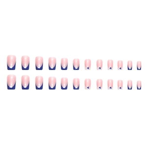 Blue French square press-on nails set with nude base and white patterns 24pcs pack