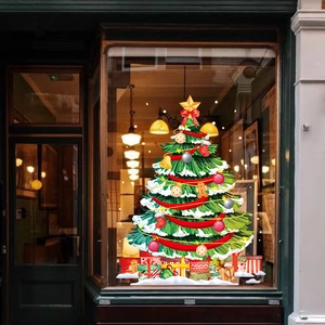 Christmas Tree Window Stickers Static Cling PVC Double Sided Color Glass Door Decals Holiday Party Shop Decor Cartoon Green