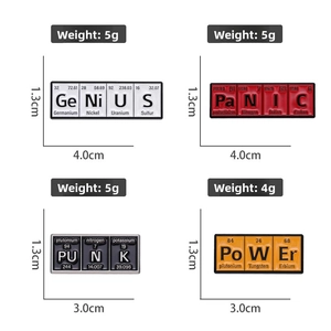 Detailed view of chemical element enamel pins with Genius Panic Punk and Power text