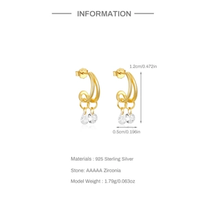 Detail view of 925 sterling silver gold earrings with AAAAA zirconia and dimensions