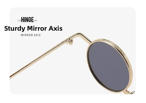 Detailed macro view of the sturdy gold metal hinge and mirror axis on vintage round sunglasses