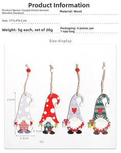 Detail of 4-piece wooden Christmas gnomes hanging ornaments with polka dots and snowflakes